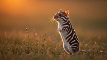A small striped rodent stands on its hind legs in a golden grassy field at sunset.