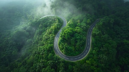 Aerial perspective of a winding asphalt highway cutting through dense emerald rainforest, dramatic serpentine curves climbing toward mist-covered highlands; lush tropical canopy, vibrant biodiversity,