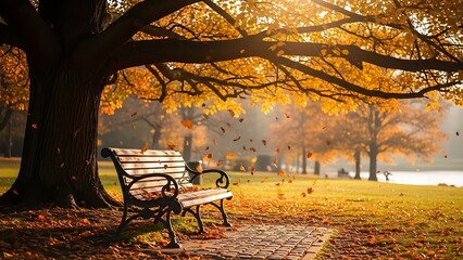 Golden Autumn Park Bench under Vibrant Tree with Falling Leaves and Warm Sunlight.