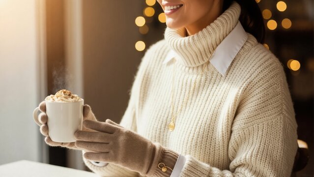 Cozy winter scene of woman in warm sweater holding hot drink. Close-up of person with mug of coffee or cocoa with whipped cream. Relaxing seasonal lifestyle concept - Powered by Adobe
