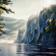 Sunbeams Over Misty Cliffs in Saguenay Fjord