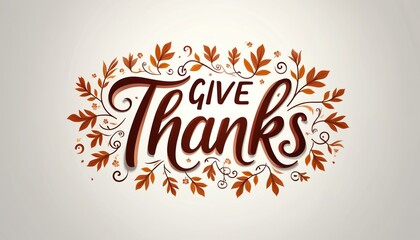 Decorative lettering spells GIVE THANKS framed by autumn leaves and floral elements. Elegant script style conveys gratitude and seasonal themes for invitations cards or decor.