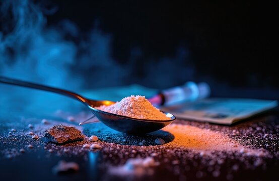 Spoon with white powder drug beside syringe and banknote on dark table. Smoke clouds hover in blue and orange light. Concept of addiction and crime.