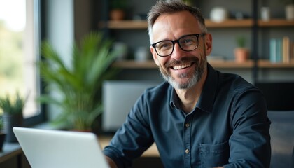 Mature man with beard and glasses working on laptop in modern office. Smiling businessman sitting at desk with plants and shelves in background. Happy entrepreneur or remote worker using tech device.