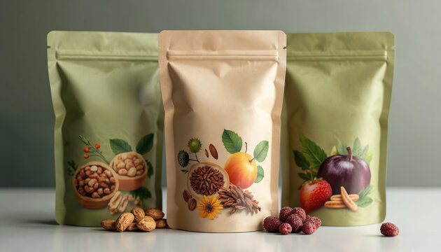 Eco friendly pouches display organic snacks like nuts and dried fruits. Recyclable packaging shows healthy food ingredients. Natural kraft paper design for sustainable market.