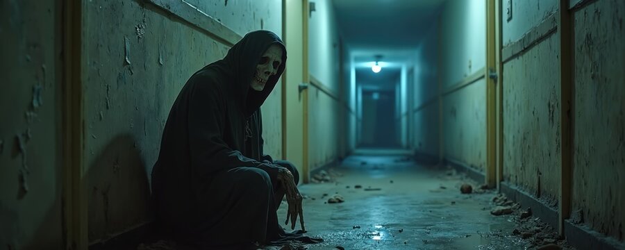 Grim reaper entity with skeleton face wears dark hooded cloak. Entity sits in decaying hallway, nighttime, spooky atmosphere. Grim reaper watches, waits by apartment door.