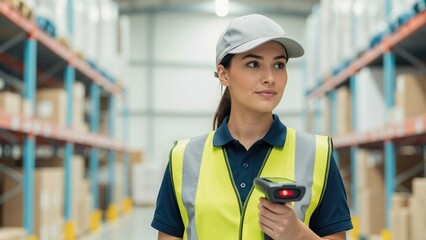 Female warehouse worker holds barcode scanner in large distribution center. Young logistics employee managing inventory and stock. Supply chain and fulfillment concept
