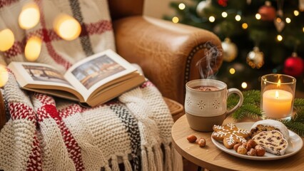 Cozy christmas scene with open book warm drink and festive decorations