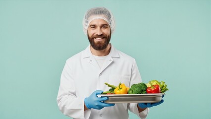 Happy food industry professional holding tray of fresh vegetables. Quality control inspector in lab coat and hairnet promoting food safety. Isolated on studio background with copy space