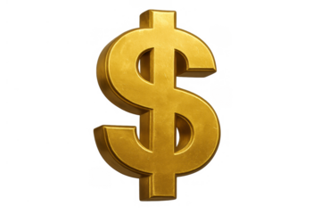 Golden dollar currency symbol representing money, finance, wealth, business, and economic growth with transparent background