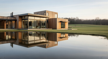 Fototapeta premium Modern wooden house with large windows reflects in calm pond