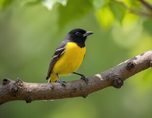 Fototapeta premium Male common yellowthroat warbler sits on tree branch. Small songbird with black throat patch and yellow belly in natural woodland habitat during daylight.