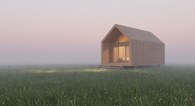 Tiny wooden house in foggy meadow at sunset - Powered by Adobe