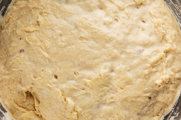 Raw dough yeast starter tasty snack fresh delicious gourmet food table background rustic food top view copy space
