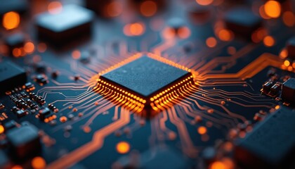 Macro view of computer motherboard circuit board with glowing orange lines and central processor chip. Electronic components and microchips power digital devices and network connections.