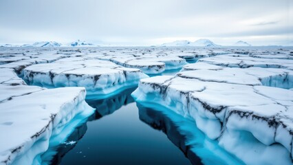Fractured ice floes in varying shades of blue and white. A vast, monochrome expanse suggests depth and silent endurance. Light and shadow play across the textured surface.
