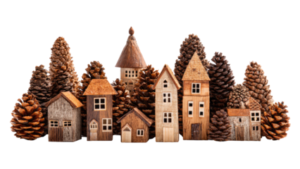 Christmas Village of Wooden Houses and Pine Cones