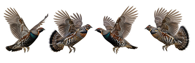 Fototapeta premium Grey Partridge Perdix perdix isolated on white, four birds flying landing wings spread collection game bird wildlife nature set collage photography