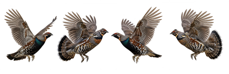 Grey Partridge Perdix perdix isolated on white, four birds flying landing wings spread collection game bird wildlife nature set collage photography