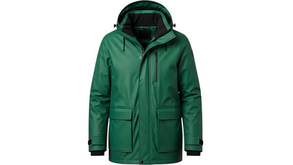 Green waterproof jacket with hood and front pockets in a three quarter view, cutout, PNG isolated on white or transparent background