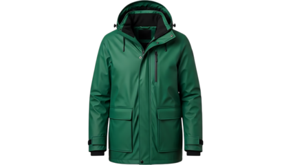 Green waterproof jacket with hood and front pockets in a three quarter view, cutout, PNG isolated on white or transparent background