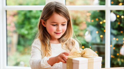 A young girl with long light brown hair and rosy cheeks, wearing a white lace top, smiles as she opens a gift. She is looking down at a white present box tied with a large, sparkly gold ribbon. The sc