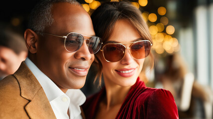 A close-up portrait of a stylish, mature Black man and a younger Caucasian woman, both wearing fashionable sunglasses. The man, in the foreground, wears a tan blazer over a white collared shirt and ha
