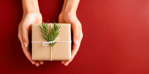 A top-down view of female hands holding a small, square gift box wrapped in brown kraft paper. The present is tied with a simple white string bow and decorated with a fresh sprig of green rosemary. Th
