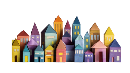 Colorful Papercraft Houses on Transparent Background