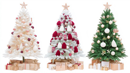A set of three distinct Christmas trees arranged in a row against a clean white background. The tree on the left is white with pink and rose gold ornaments; the center tree is flocked with red and whi