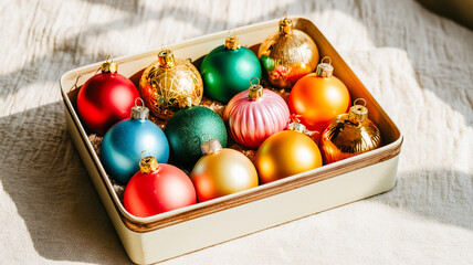 A high-angle shot of a rectangular box filled with an assortment of colorful Christmas ornaments. The collection includes red, green, blue, gold, pink, and orange baubles with various finishes such as