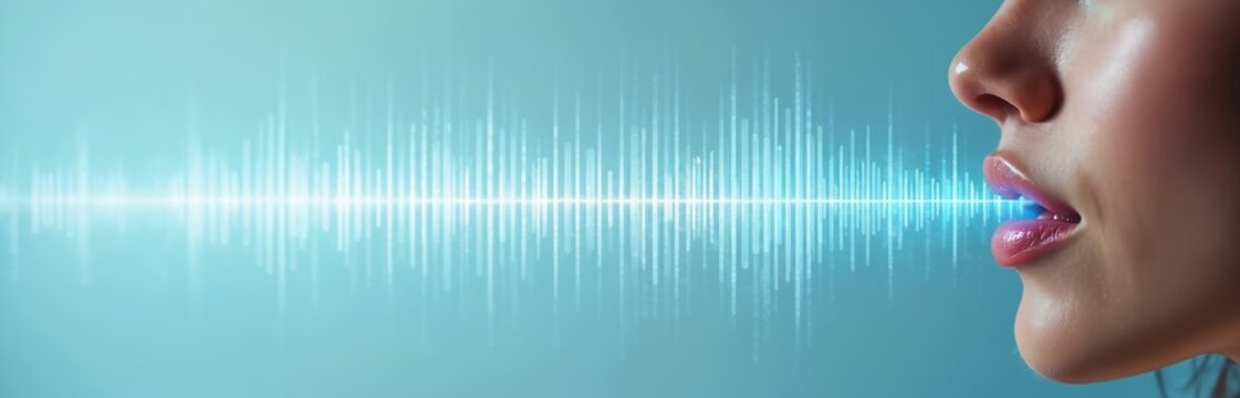 Close-up side view of woman speaking. Blue digital sound wave graphic shows audio emission from mouth, symbolizing voice tech. Communication concept visual.