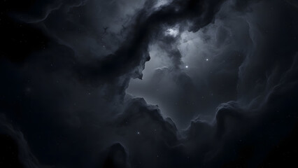 Celestial Symphony: Dramatic dark cloudscape revealing a haunting, mysterious, moonlit vista with subtle stars and atmospheric layers, creating a sense of ethereal beauty and celestial depth.
