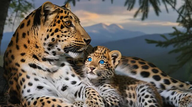 Cinematic Video of Amur Leopard Cub Nestled Beneath Mother in Wilderness Setting