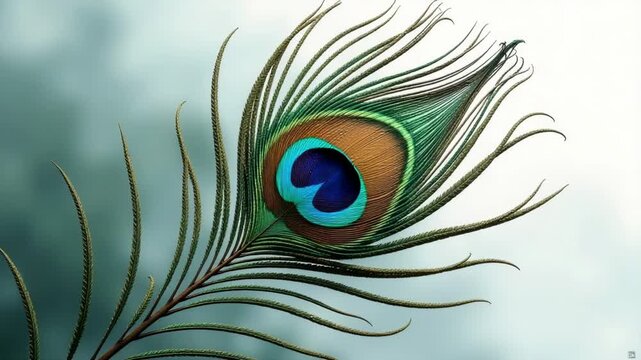 Video A detailed shot of a peacock feather resting on a branch, showcasing its vibrant colors and intricate patterns