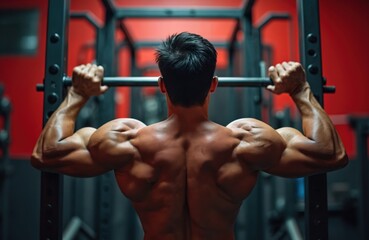 Muscular man doing pull-up exercise on metal bar in gym with red wall. Fit male athlete performs strength training workout for back muscles. Toned bodybuilder pulls himself up with hands.