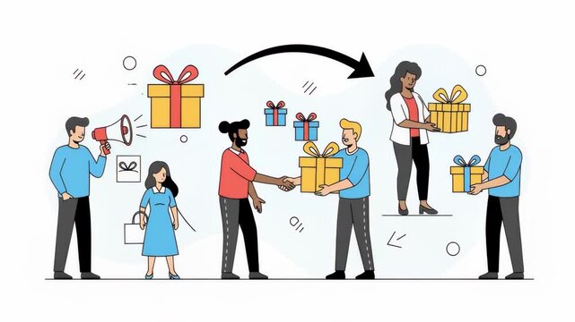 Animated Concept of Customer Loyalty and Referral Marketing Program with People Exchanging Gifts and Rewards.