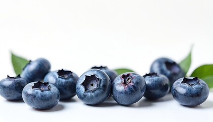 Close-up shot of blueberries and a sliced blueberry on white background. The berries are fresh juicy and vibrant purple. This image is ideal for food photography or health related content.