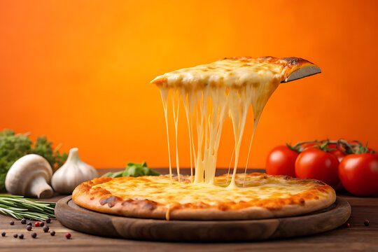 Delicious hot pizza with melting cheese and fresh ingredients on a wooden board - Powered by Adobe