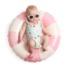 Cute little baby with sunglasses on inflatable ring against white background, top view