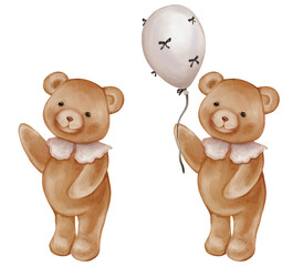 Watercolor Cute Teddy Bear Holding balloon black bows. Valentine Brown bear toy with vintage Jabot collar. Illustration hand drawn in retro style on isolated background for design greeting card