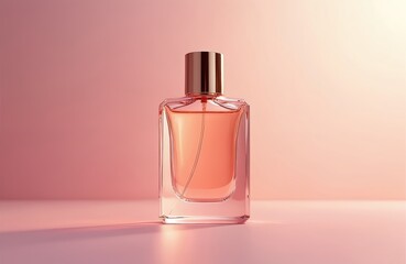 Glass perfume bottle with rose gold cap, pink orange liquid on soft pink pastel background. Elegant fragrance container for luxury cosmetic product. Transparent rectangular bottle with golden lid on