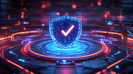 Digital shield with glowing check mark in high-tech red and blue cyber environment, symbolizing data security, internet protection, cybersecurity systems, firewall defense, digital information safety
