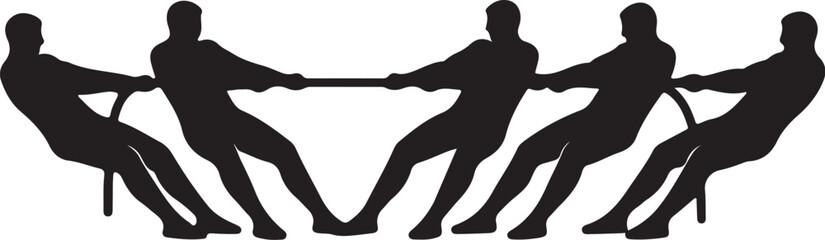 Silhouette of five people engaged in a tug of war on a transparent background on transparent background