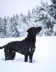 Black dog in snowy forest