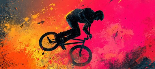 Fototapeta premium BMX Rider Mid-Air Spin with Vibrant Paint Splashes in Urban Sports Scene