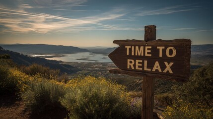 Obraz premium Scenic Vacation Landscape with Relaxation Sign and Expansive Valley View