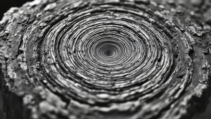 Concentric rings dominate, forming a spiraling, textured pattern. Black and white tones create depth and a sense of endlessness. The central focus is sharp, fading into blurred edges.