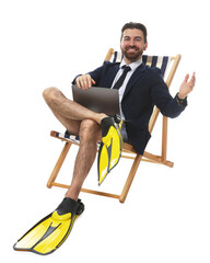 Businessman with laptop and flippers in deck chair on white background © New Africa