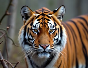 Naklejka premium Majestic Siberian tiger face close up portrait in forest. Large powerful striped predator looks forward. Wild cat, big feline, carnivore in natural habitat. Dangerous beast, rare animal. Tiger fur.